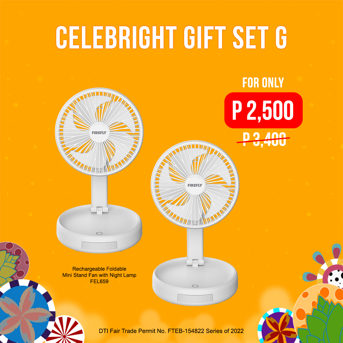 Firefly Rechargeable Foldable Mini Stand Fan with Night Lamp 2 pcs. Gift Set