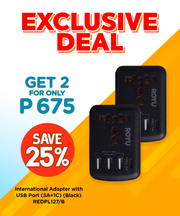Buy 2 pcs of ROYU International with USB Port (3A +1C) Adapter - Black for only P675