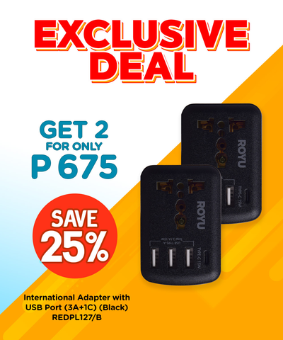 Buy 2 pcs of ROYU International with USB Port (3A +1C) Adapter - Black for only P675