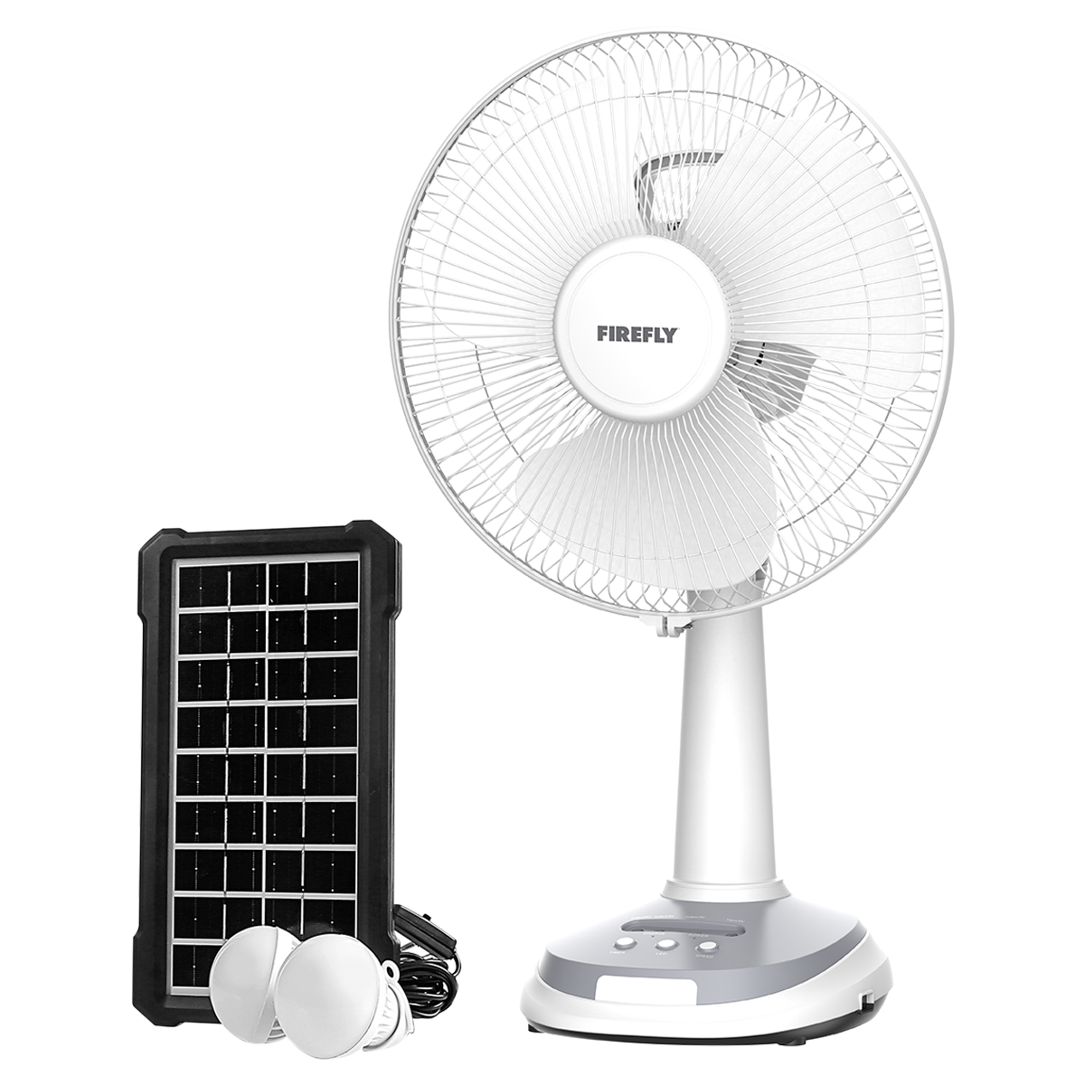 Firefly 12" Rechargeable Desk Fan with Emergency Solar Panel and Lamps