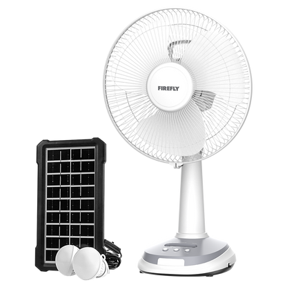 Firefly 12" Rechargeable Desk Fan with Emergency Solar Panel and Lamps