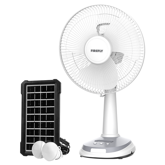 Firefly 12" Rechargeable Desk Fan with Emergency Solar Panel and Lamps