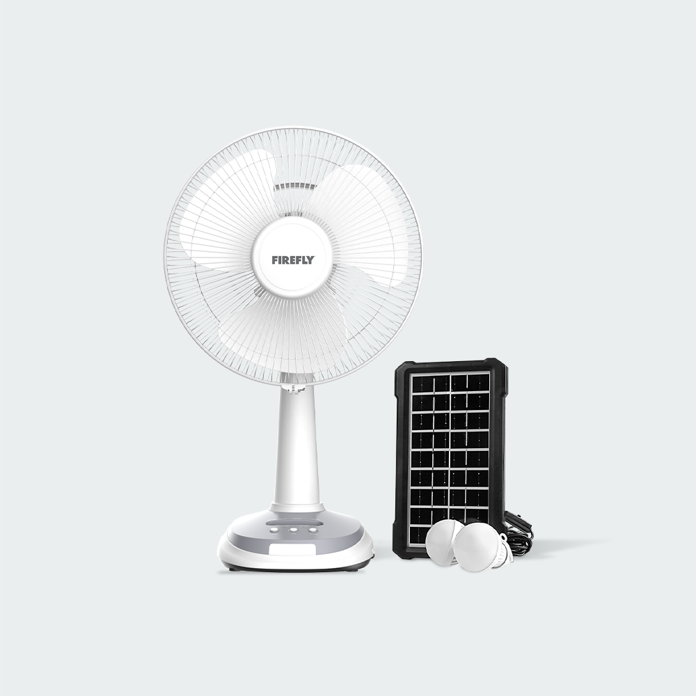 Firefly 12" Rechargeable Desk Fan with Emergency Solar Panel and Lamps