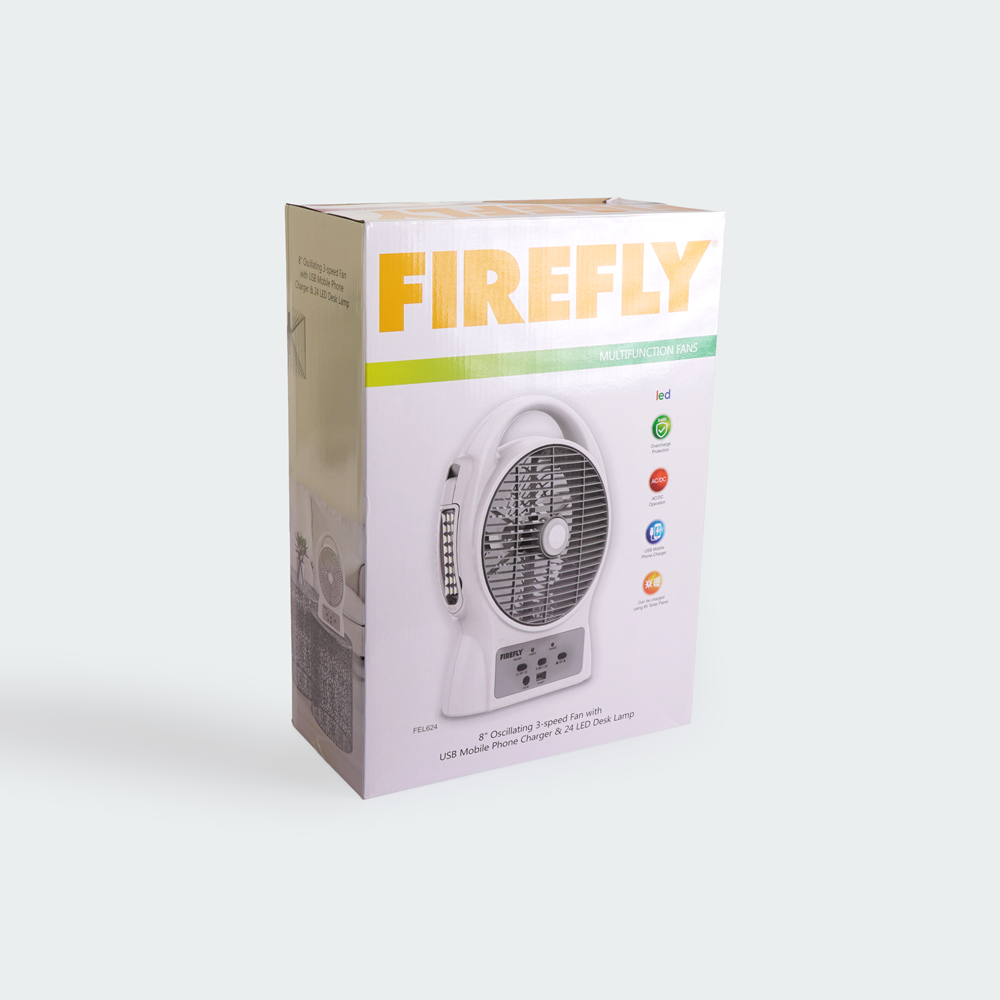 Firefly Rechargeable 8" Oscillating 3-Speed Fan w/ USB Charging Port