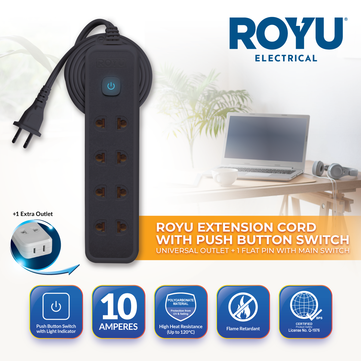 ROYU 4 Universal Outlet +1 Flat Pin Extension Cord with Push Button Switch (6M Extension)