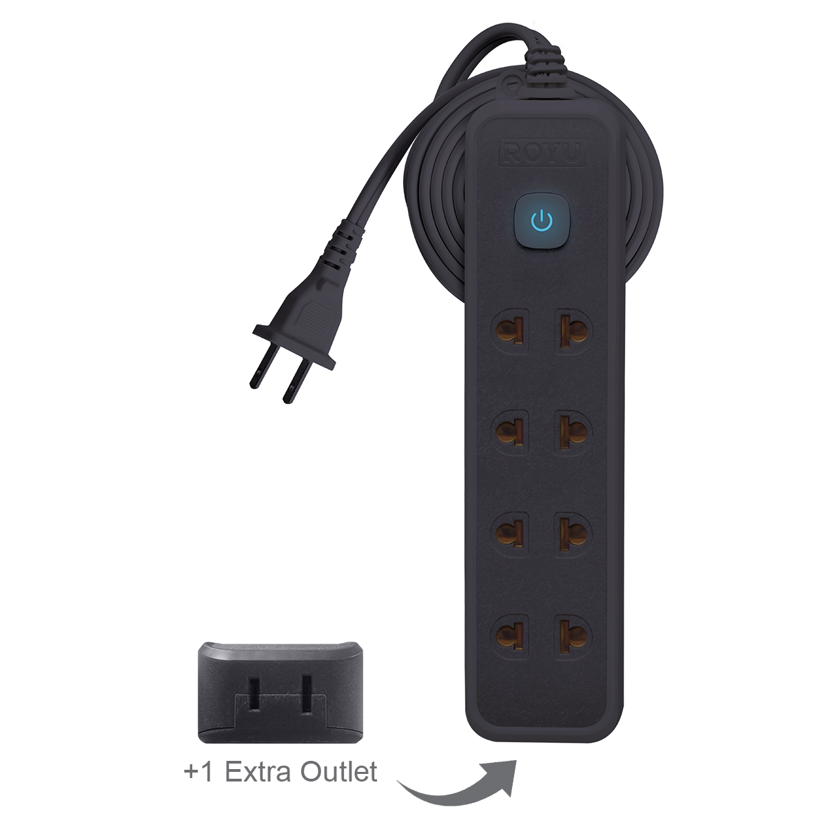 ROYU 4 Universal Outlet +1 Flat Pin Extension Cord with Push Button Switch (6M Extension)