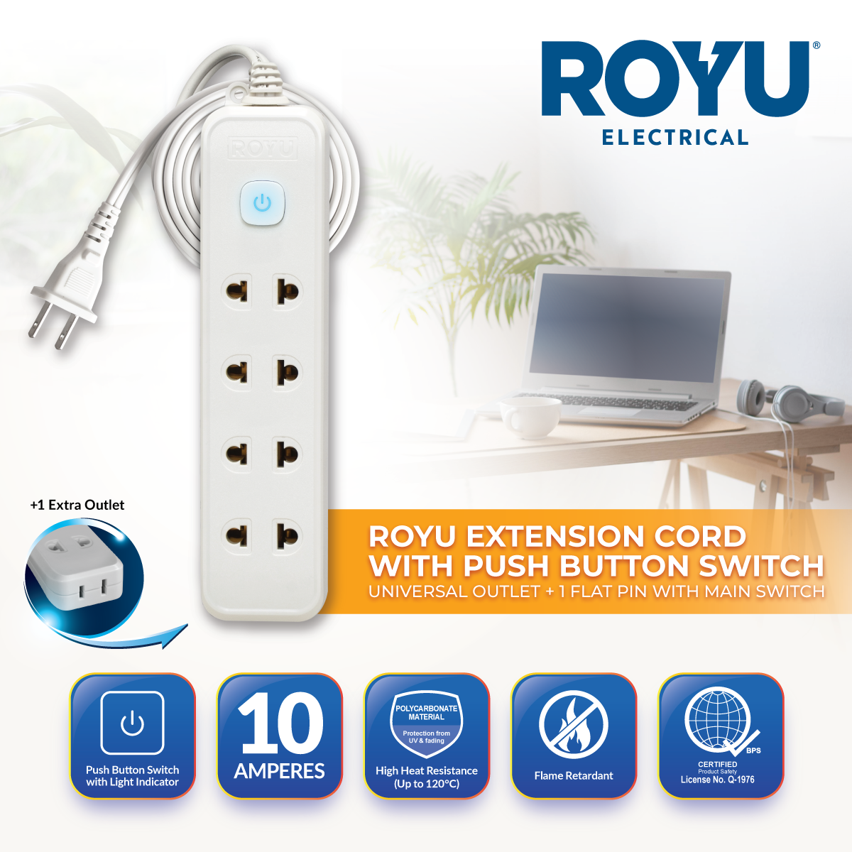 ROYU 4 Universal Outlet +1 Flat Pin Extension Cord with Push Button Switch (6M Extension)