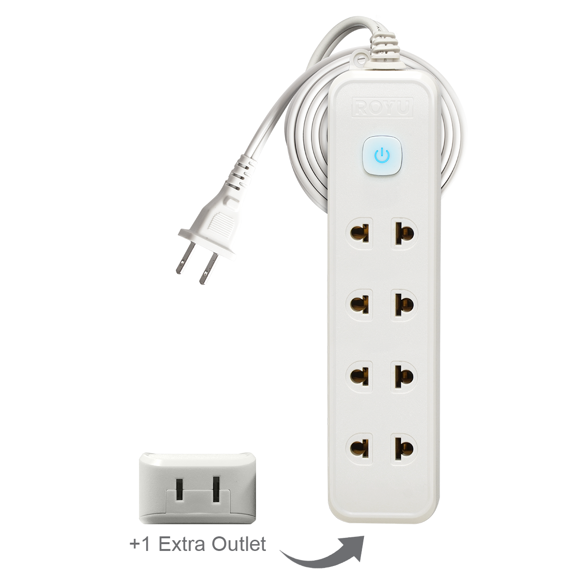 ROYU 4 Universal Outlet +1 Flat Pin Extension Cord with Push Button Switch (6M Extension)