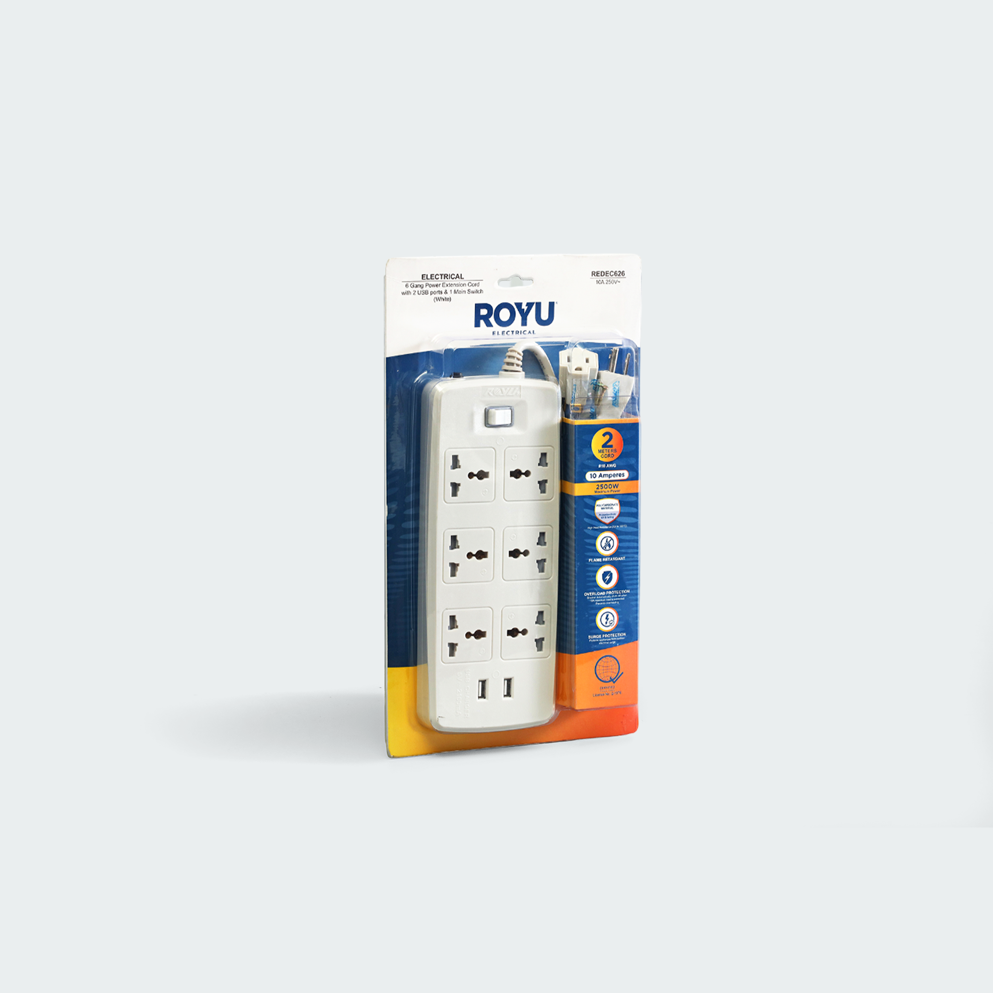 ROYU 6 Gang Power Extension Cord with One Master Swtich and 2 USB